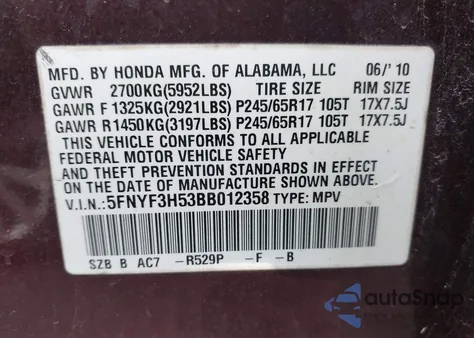 2011 Honda Pilot Ex-L z USA, uszkodzony, nr VIN 5FNYF3H53BB012358